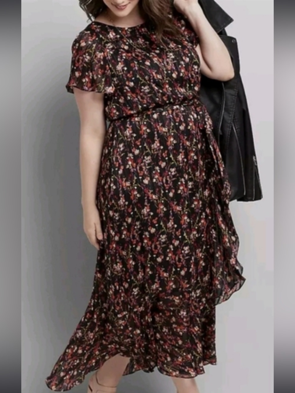 Lane Bryant black multicolor floral print high - neck belted maxi dress